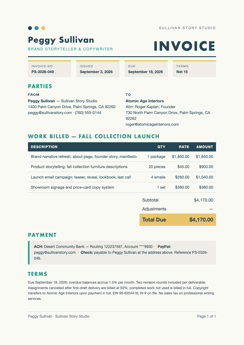 Mid century modern freelance writer invoice